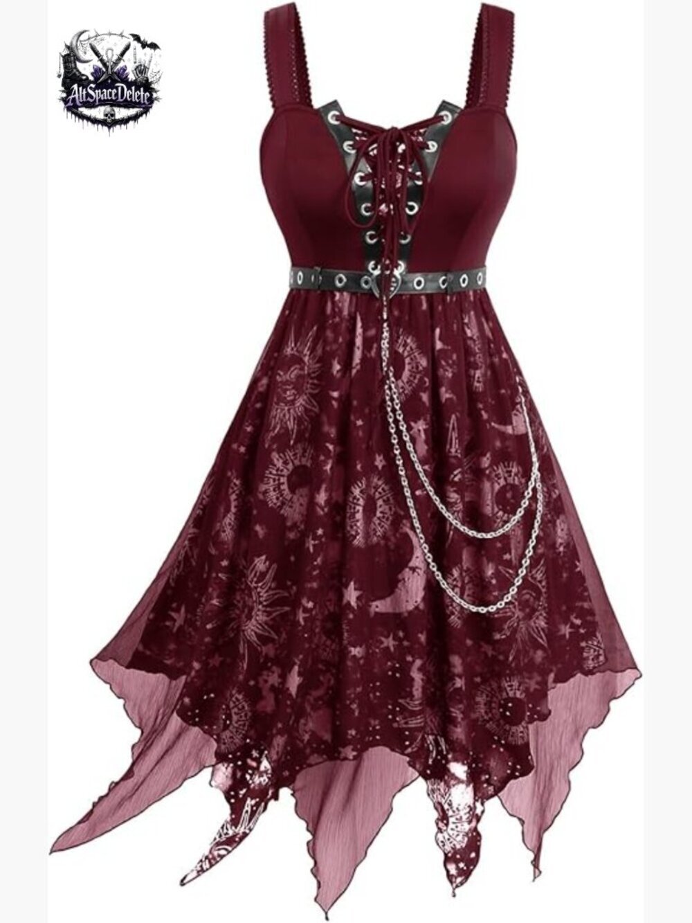 Plus Size Gothic Midi Dress with Chains Lace-up Sleeveless Sun Moon Stars